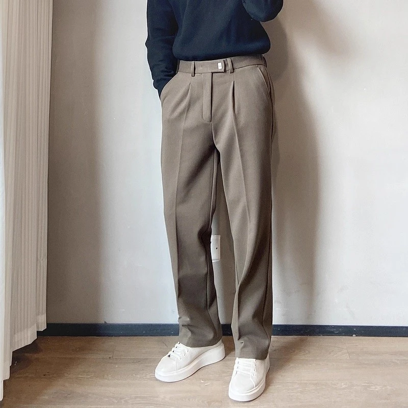 仓石一树潮牌冬季直筒裤男士纯色商务休闲百搭高级感加厚毛呢西裤