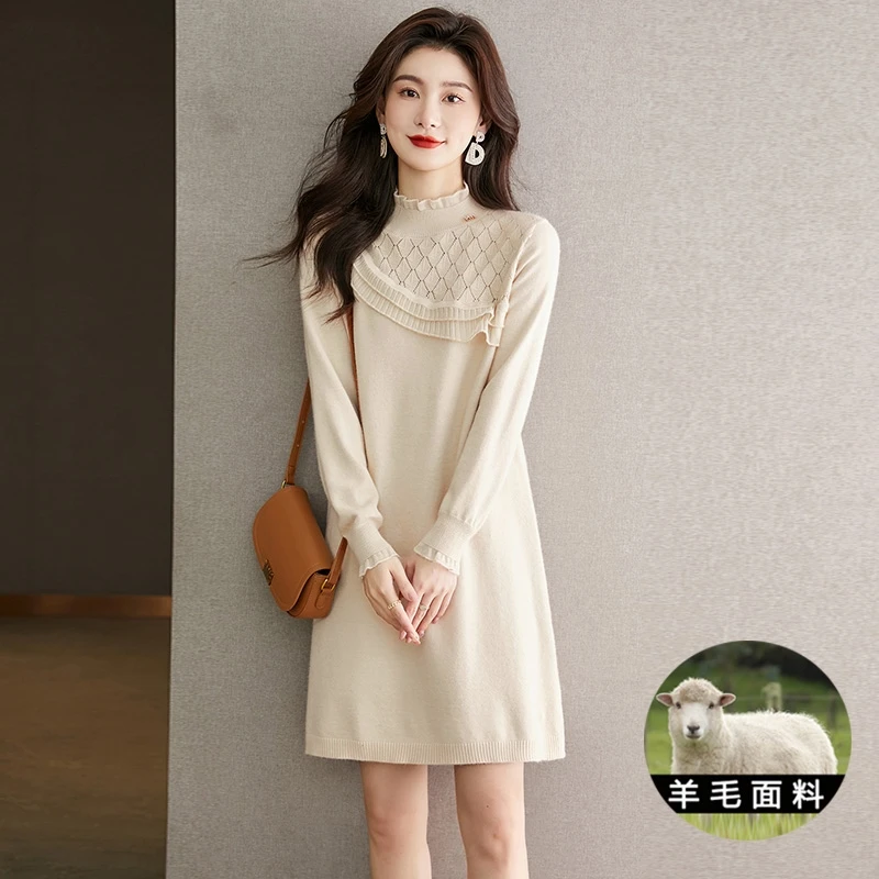俞兆林秋冬季羊毛针织连衣裙中长款蕾丝拼接宽松配大衣打底羊绒毛