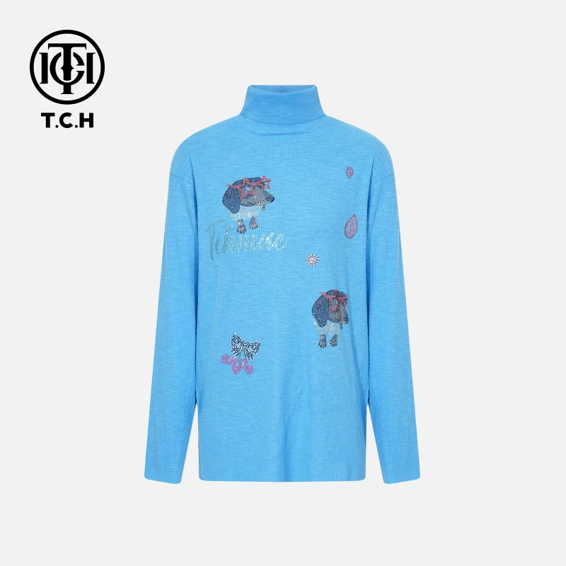 TCH【清冷感】冬款保暖简约时尚烫钻淑女蓝色针织衫女T75D09E1067