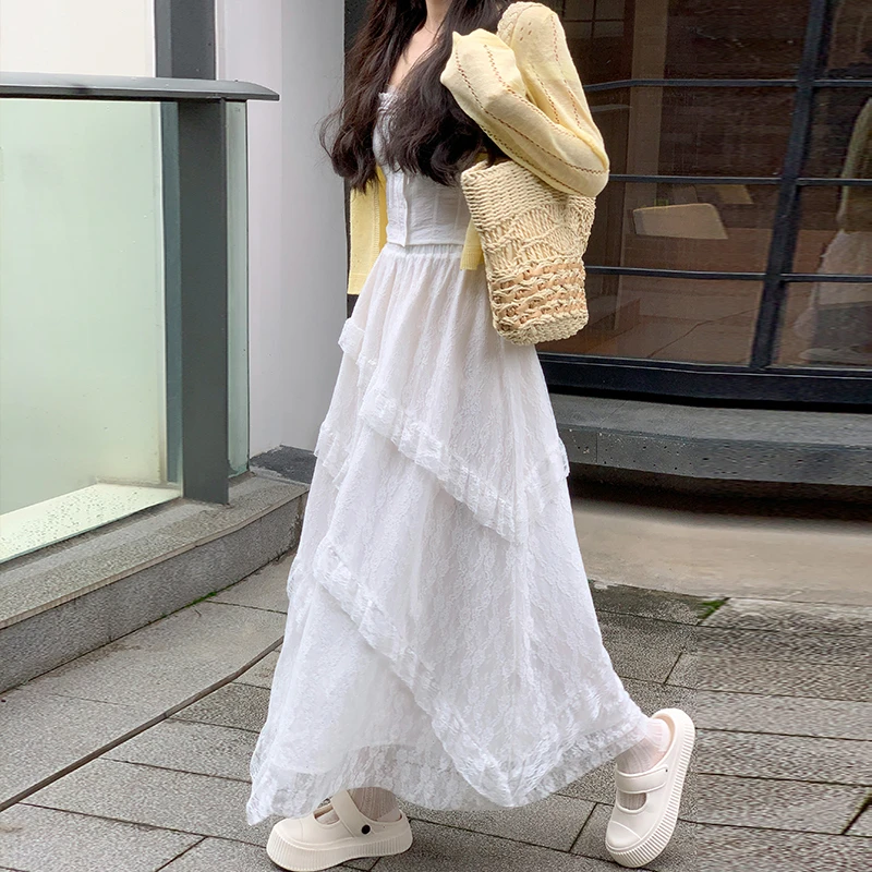 小个子白色蕾丝半身裙女2025春夏季中长裙设计感小众仙女蛋糕裙子