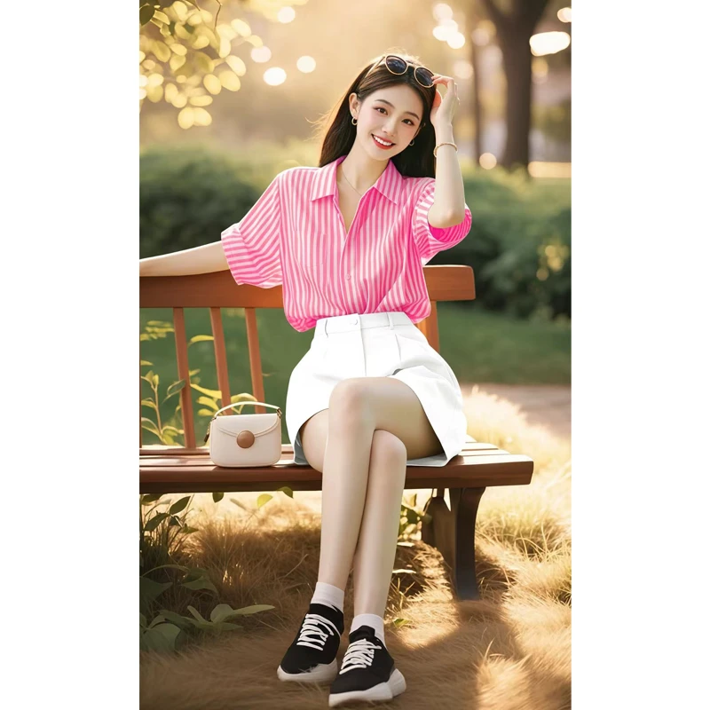 夏日多巴胺穿搭一整套时髦洋气显瘦又a又飒粉色衬衫短裤两件套装