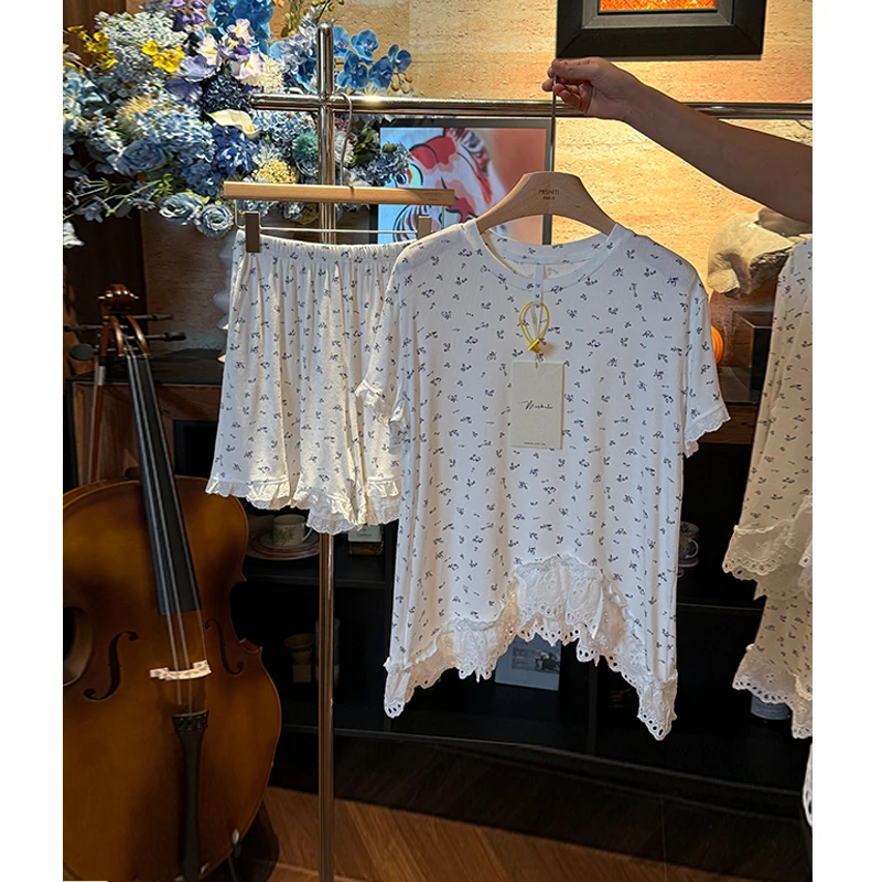 米诗缇【圆领小碎花白色短袖短裤】小众设计师可外穿短袖短裤家居服