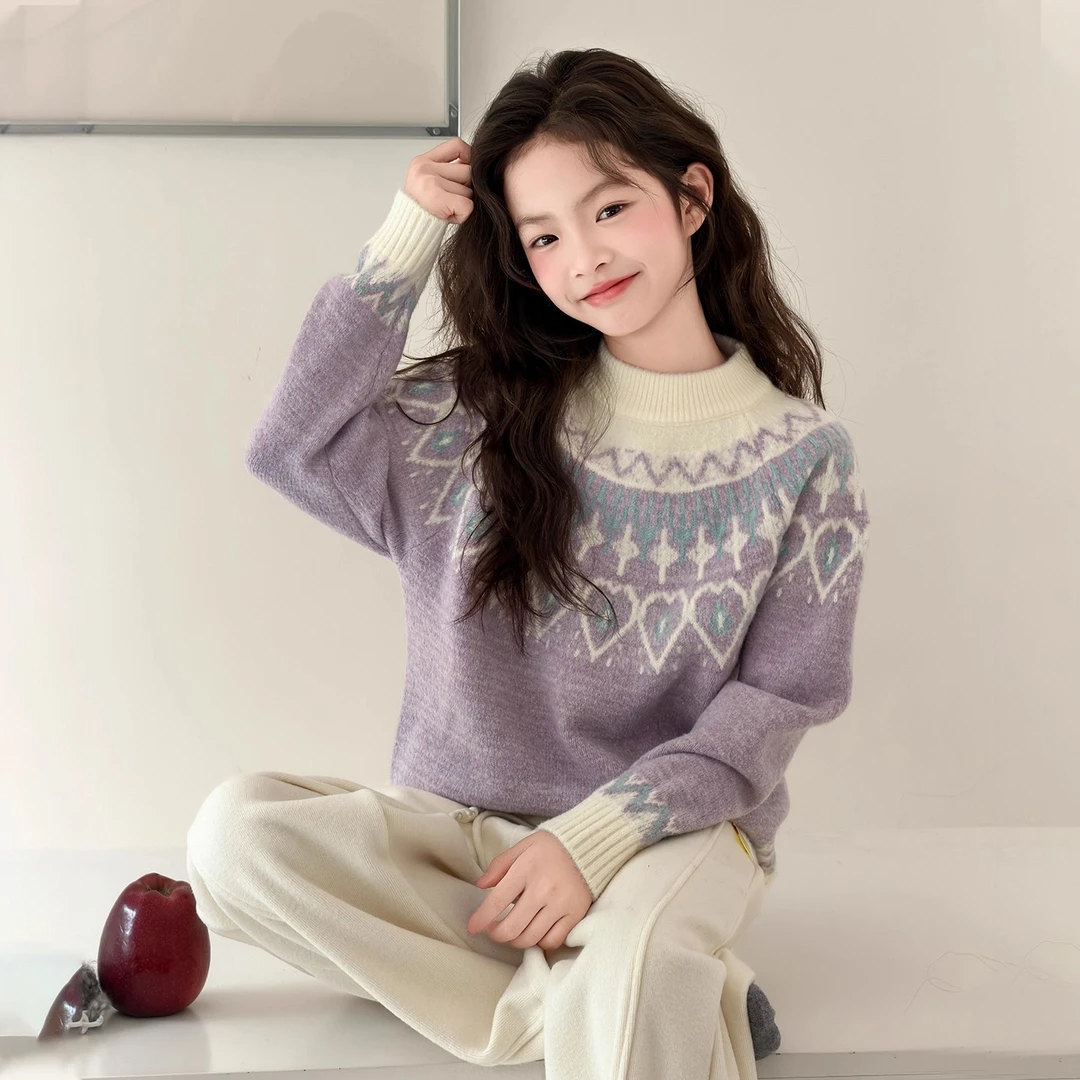 女童费尔岛毛衣2025新款儿童加厚半高领针织衫女孩大童紫色毛线衣
