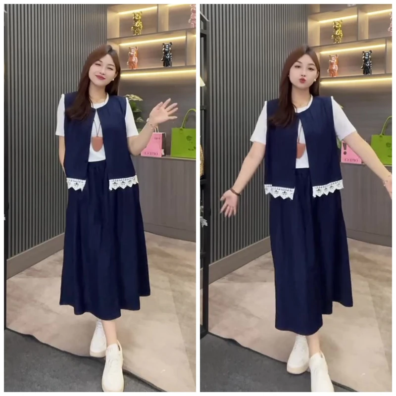 胖mm大码女装夏季新款时尚休闲显瘦蕾丝拼接马甲短袖半身裙三件套