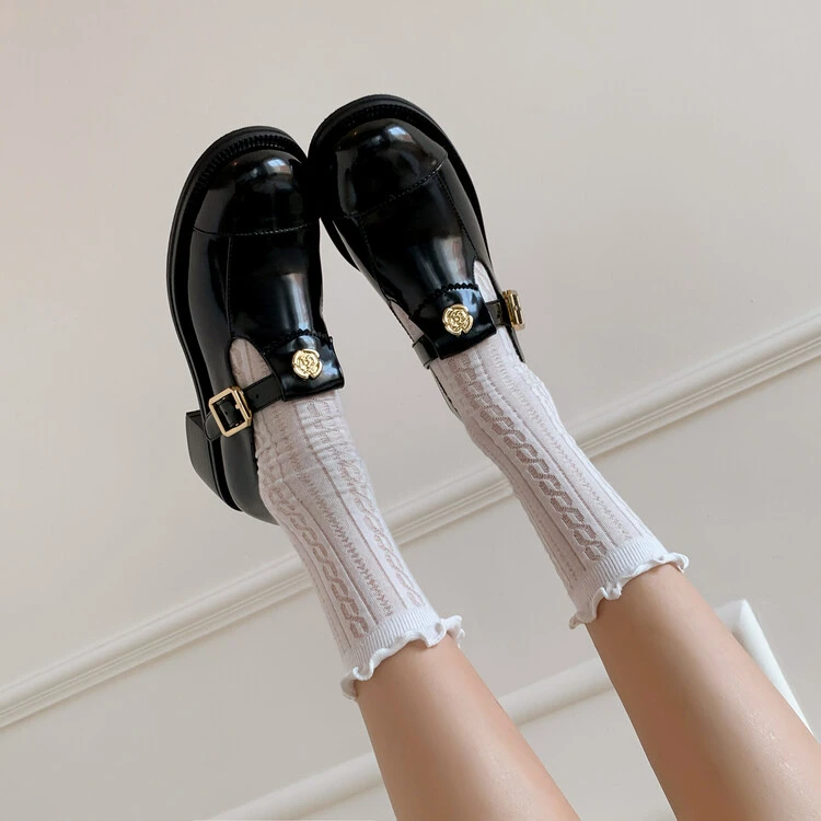 羊皮~4.5cm法式真皮拼色中跟乐福鞋圆头粗跟春秋玛丽珍丁字带单鞋