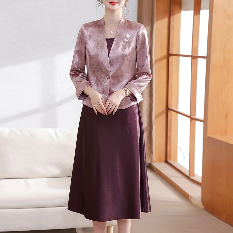 喜婆婆婚宴礼服装2025新款紫色高贵两件套连衣裙妈妈秋装十月可穿