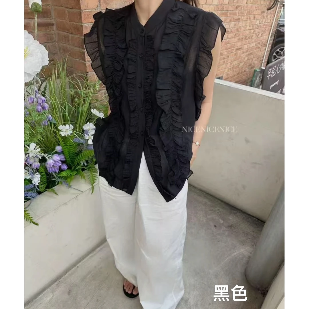 【坦姐严选 实体品质】无袖衬衫时尚洋气褶皱设计感百搭上衣5015-1