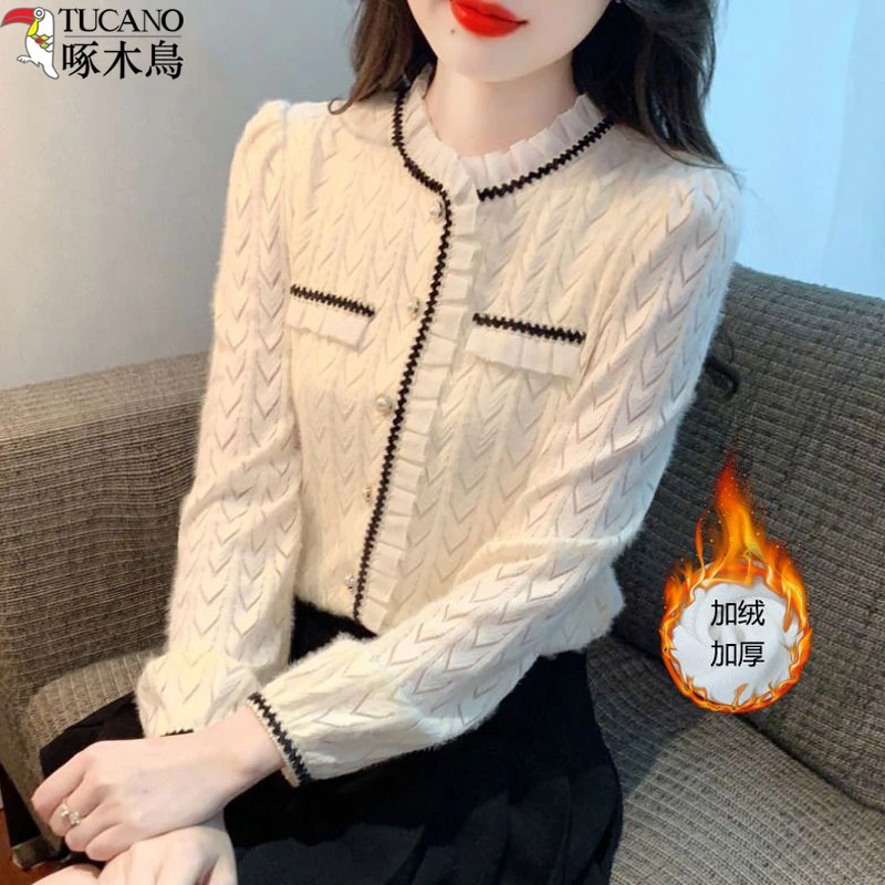 啄木鸟法式加绒小香风上衣秋冬女装百搭洋气减龄气质长袖蕾丝衫