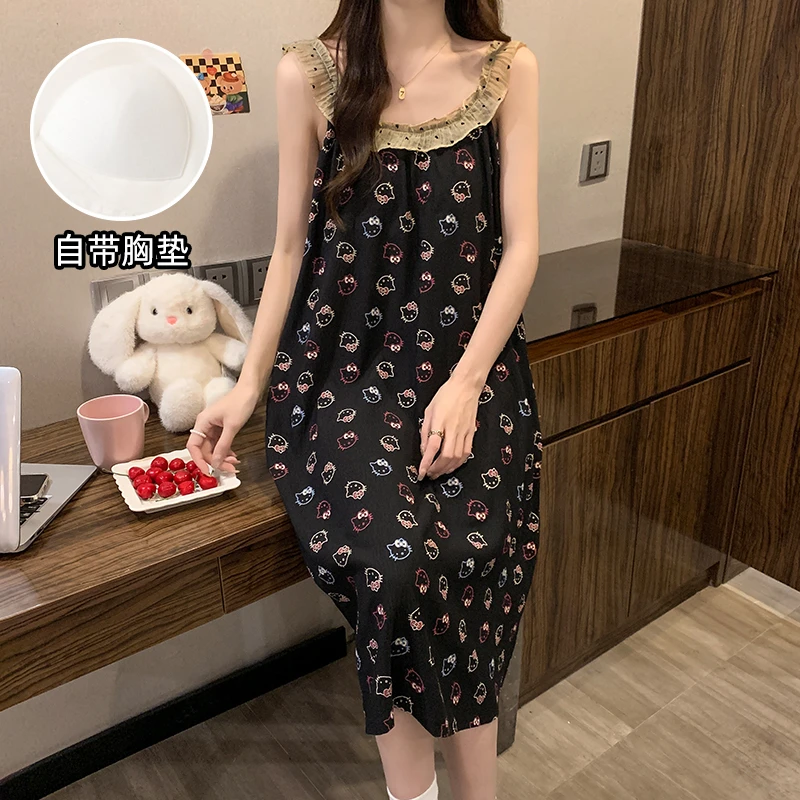 ins韩国高级感睡衣女款2024夏季新款中长款纯欲睡裙带胸垫家居服