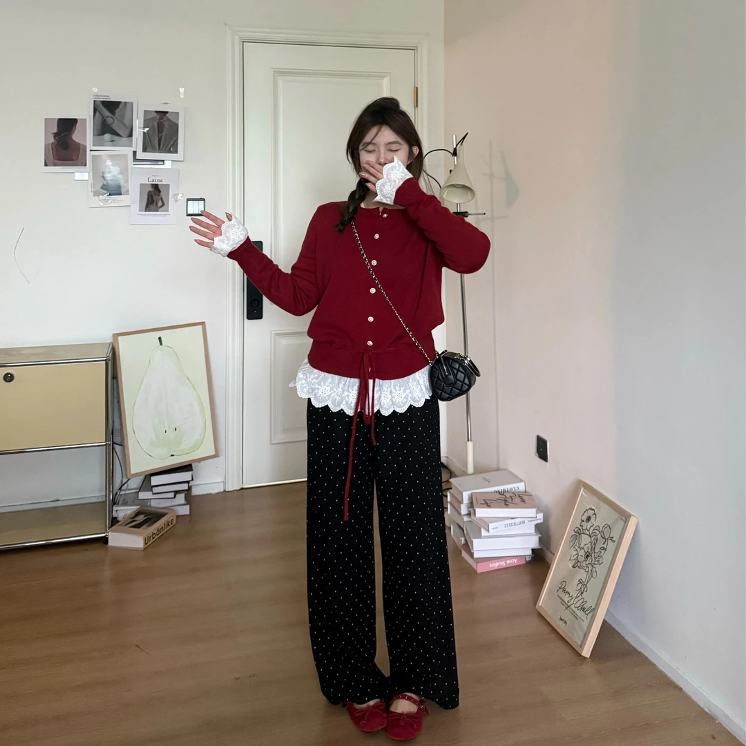 晶咕软软【琉璃之梦】法式温柔风抽绳下摆拼接蕾丝边针织开衫