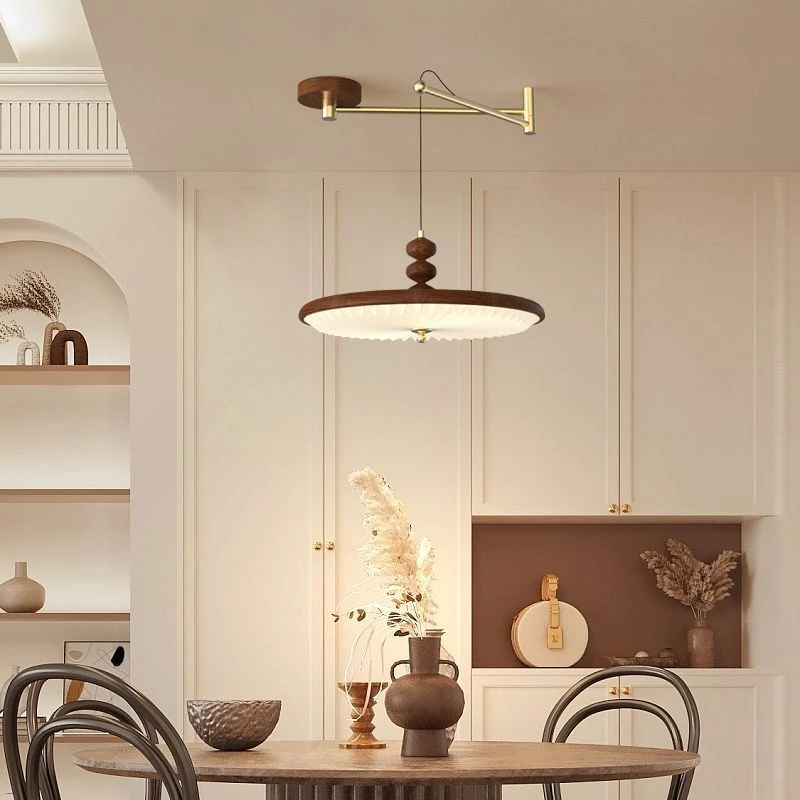 新款中古风摇臂餐厅吊灯胡桃木色岛台吊灯创意全光谱LED铁艺吊灯