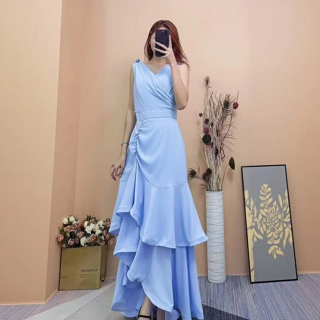 [依易原创]气质温柔风褶皱收腰甜美不规则荷叶边长裙A1115