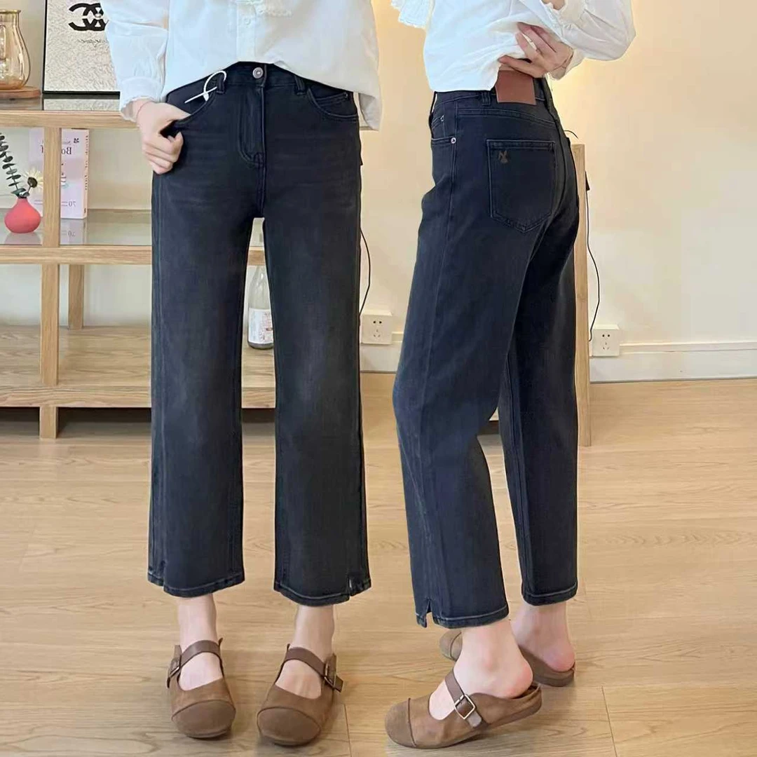 黑灰色直筒牛仔裤女秋季新款大码胖mm高腰显瘦刺绣弹力九分烟管裤