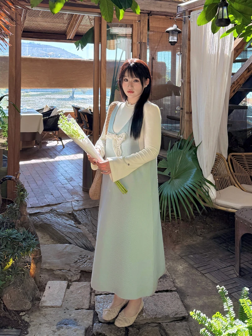 月半鱼【奶油蓝针】甜美风蝴蝶结针织蓝色背心裙显瘦宽松减龄长裙