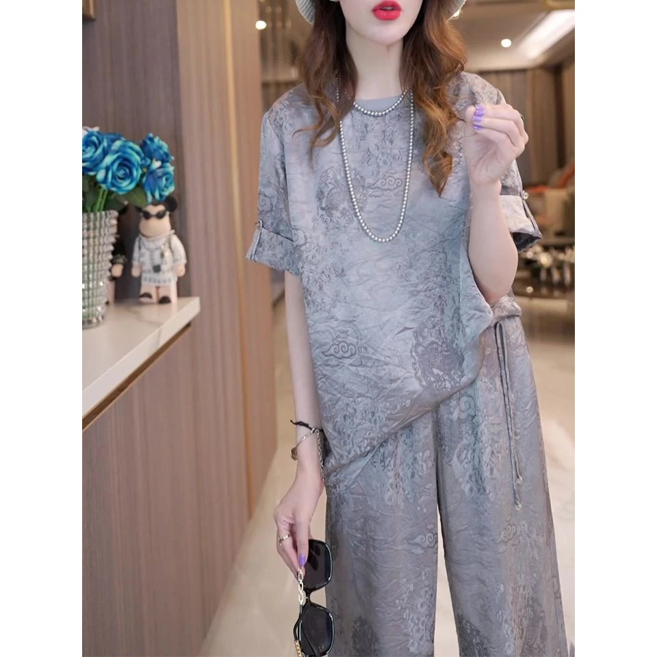 【3934人收藏】新中式文艺提花套装女2024夏季新款轻奢洋气宽松显瘦