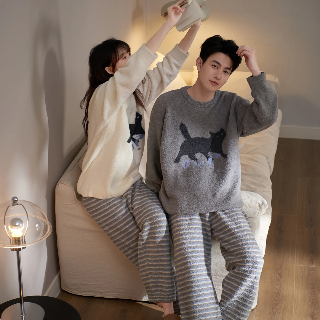 马克公主可爱猫咪情侣睡衣秋冬款半边绒条纹长裤可外穿家居服男