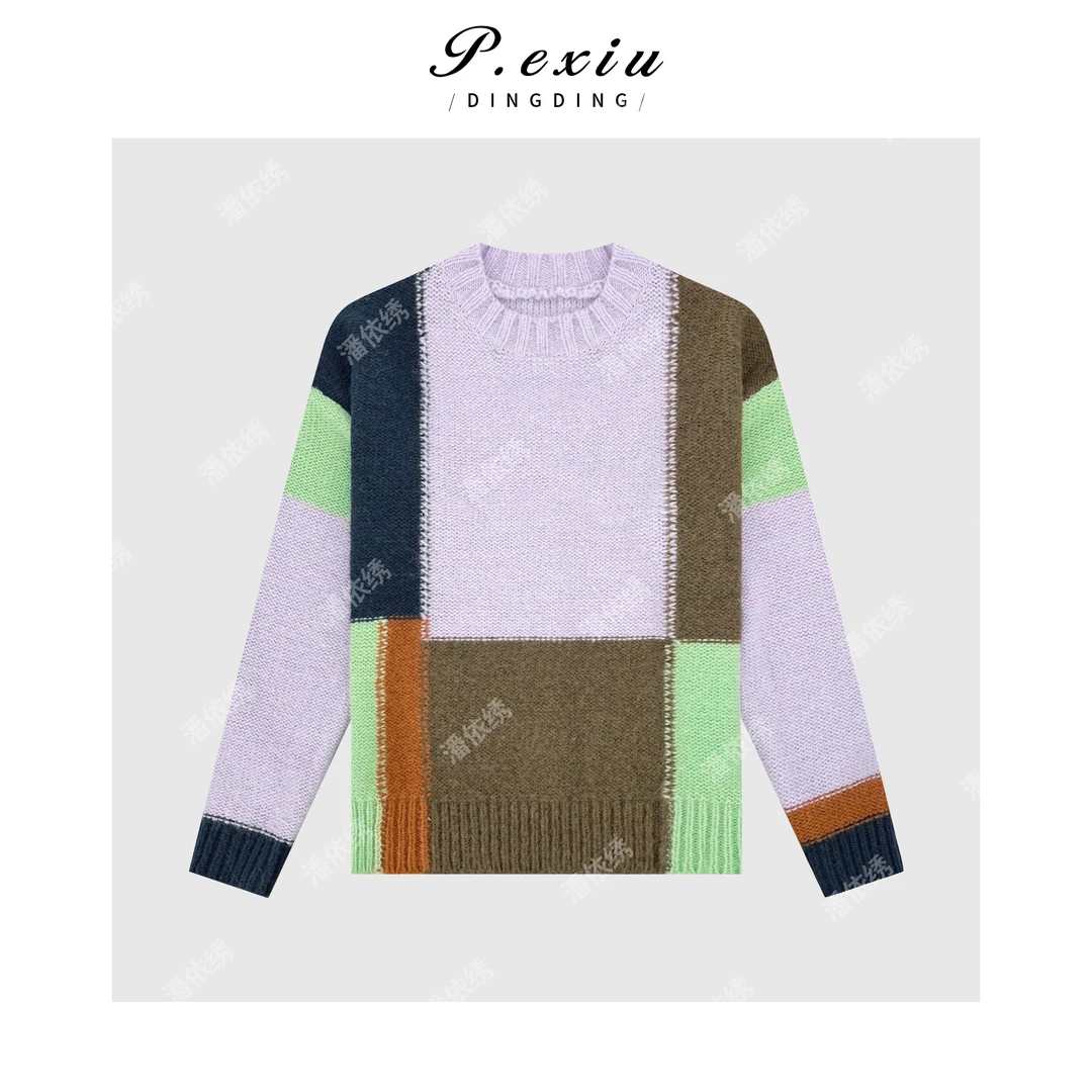 绵羊-毛复古拼色圆领套头针织长袖毛衣Q2018