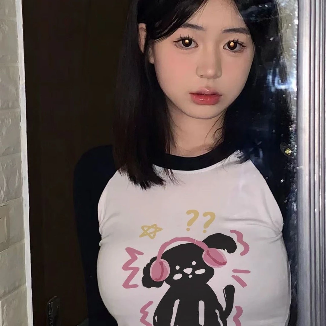 新款法式辣妹长袖t恤女装撞色短款秋冬季内搭收腰显瘦打底衫上衣
