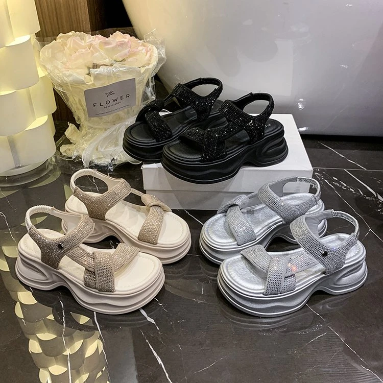 035夏季新款一字带厚底凉鞋时尚坡跟显瘦百搭外穿增高女凉鞋