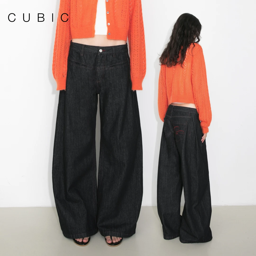 CUBIC复古时髦慵懒大弯刀廓形中低腰原牛色阔腿牛仔裤