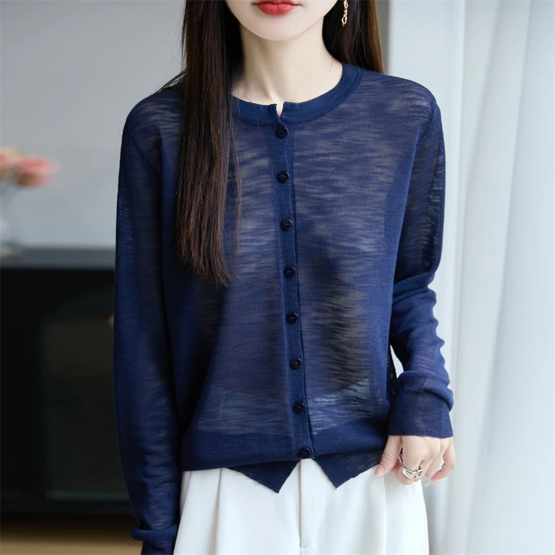 磬歆圆领时尚休闲风夏季薄款纯色针织衫复古长袖针织