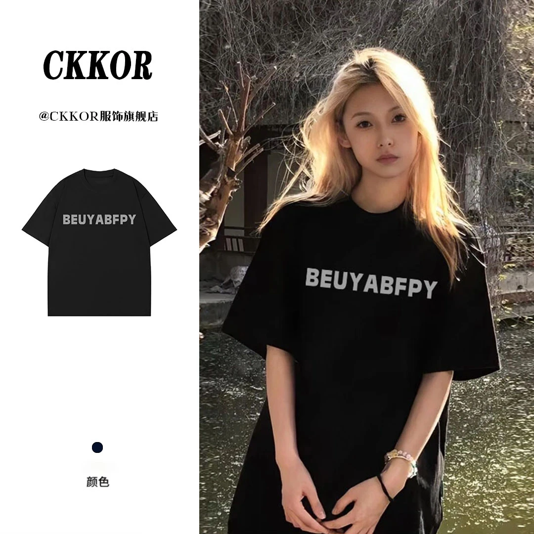 CKKOR美式印花情侣款黑色短袖t恤女夏季新款纯棉百搭宽松休闲上衣