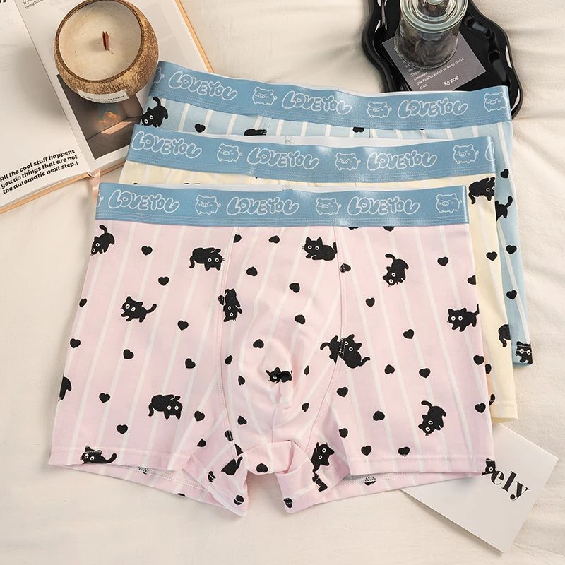 喵喵内裤~男士内裤秋冬抗菌95棉可爱卡通送男友粉色裤衩平角裤