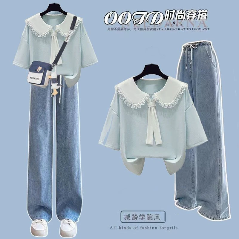 夏季学院风套装女学生韩版宽松娃娃领短袖T恤+系带牛仔裤两件套潮
