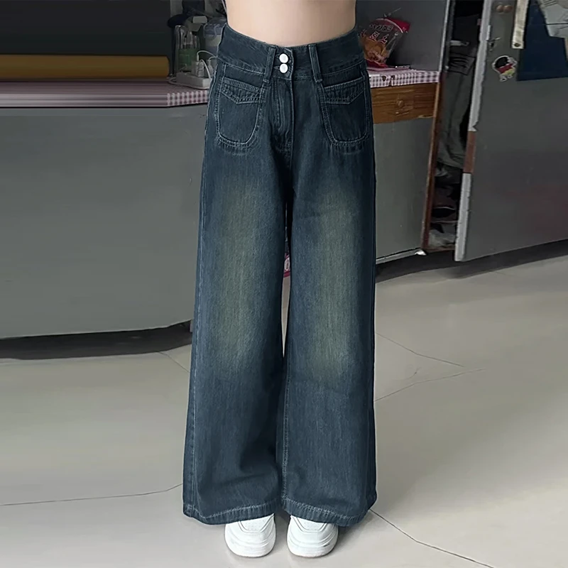 深蓝色阔腿牛仔裤女高腰显瘦梨型身材大码胖mm春秋季宽松直筒裤子