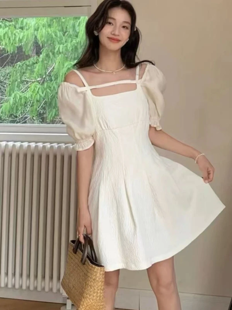 639夏上新!吊带泡泡袖一字肩小众连衣裙 甜美长裙显瘦气质小个子