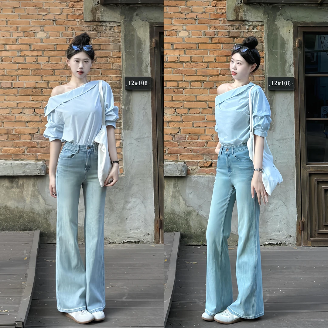 2025夏季新款法式气质高级感穿搭露肩设计感衬衫高腰牛仔裤两件套