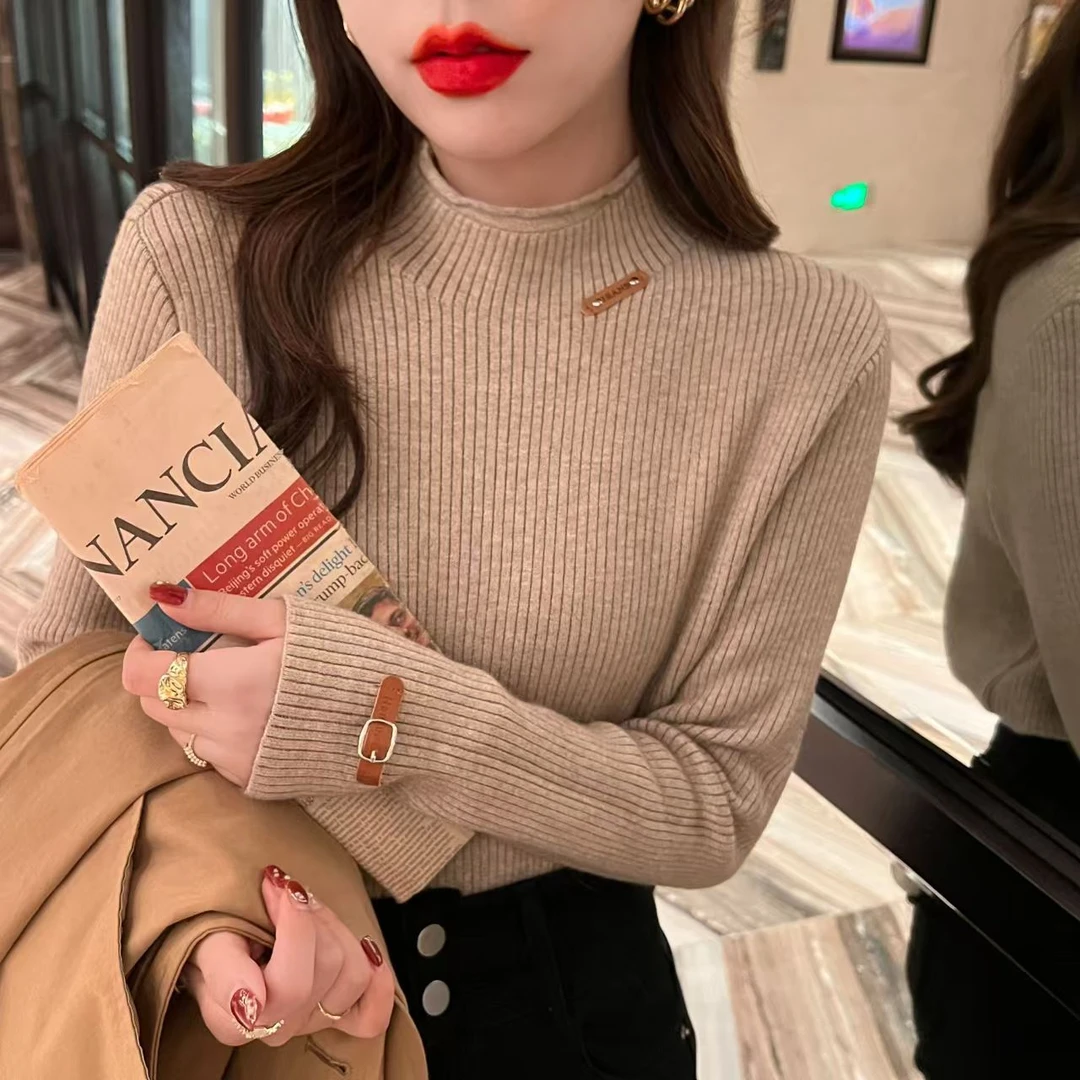 优雅知性一体绒毛衣女圆领加绒加厚套头打底衫-皮标