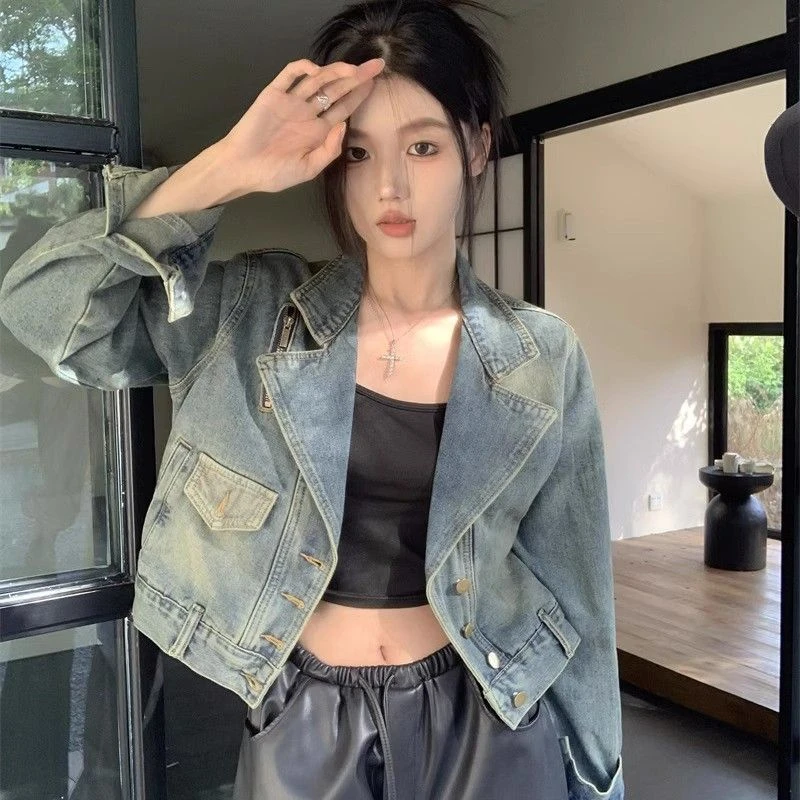 美式复古西装领牛仔外套女早秋2025新款休闲宽松夹克开衫长袖上衣