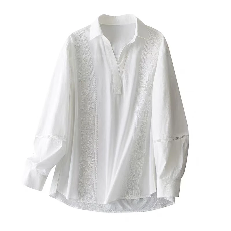 EL2512法式白色镂空绣花简约衬衫女2025春季新款宽松别致气质小衫