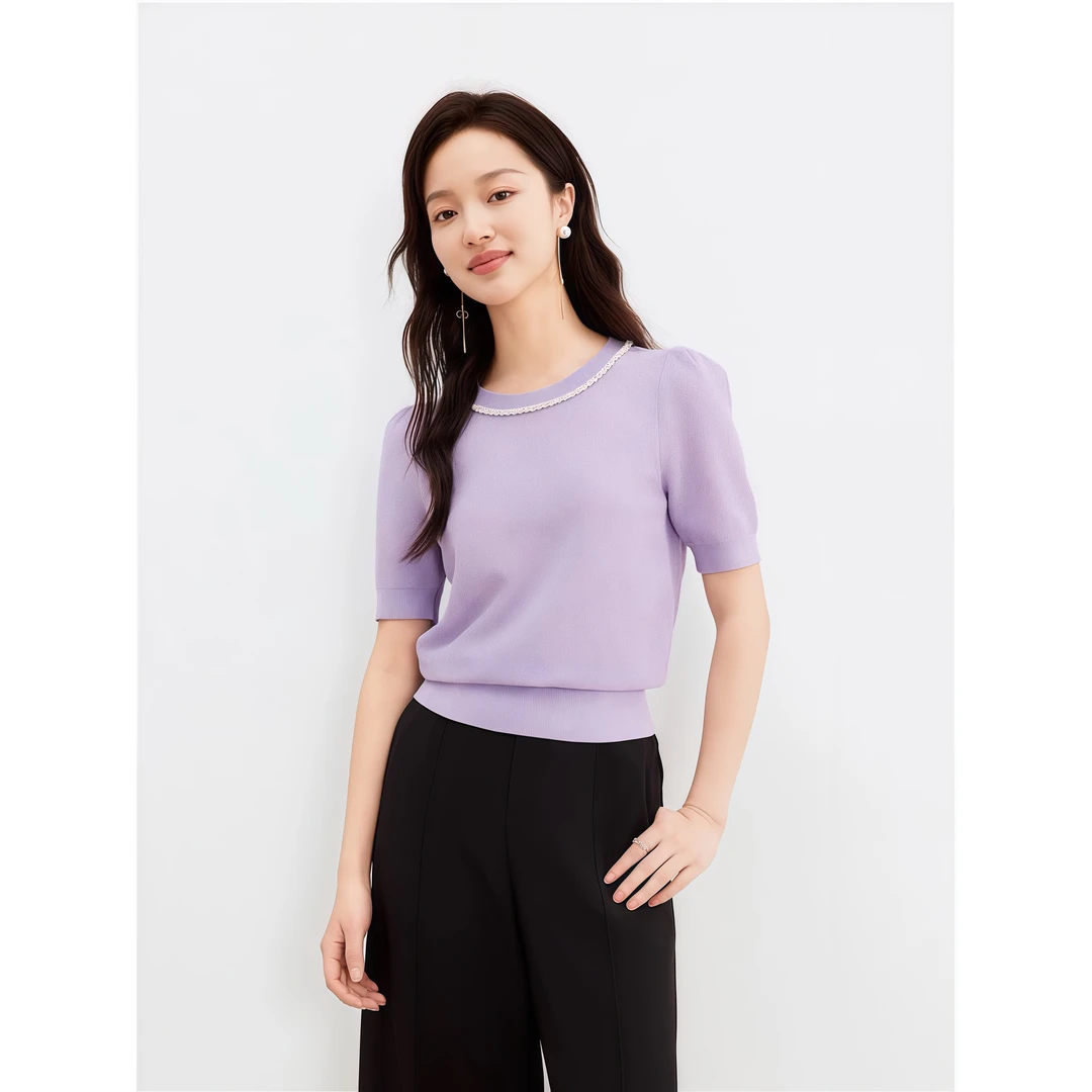 【紫色】25ss气质通勤舒适短袖时尚钉珠针织衫【25Z0863】【634】