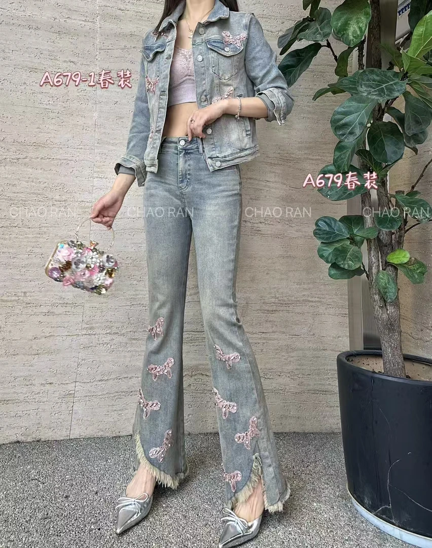 超然牛仔喇叭裤重工刺绣钉珠烫钻蝴蝶开叉修身显瘦时尚个性牛仔裤