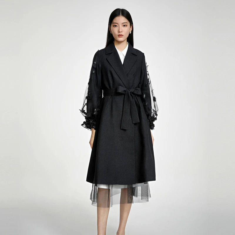 S·DEER翻驳领时尚黑色气质个性拼接网纱中长款女装风衣S231Z1812