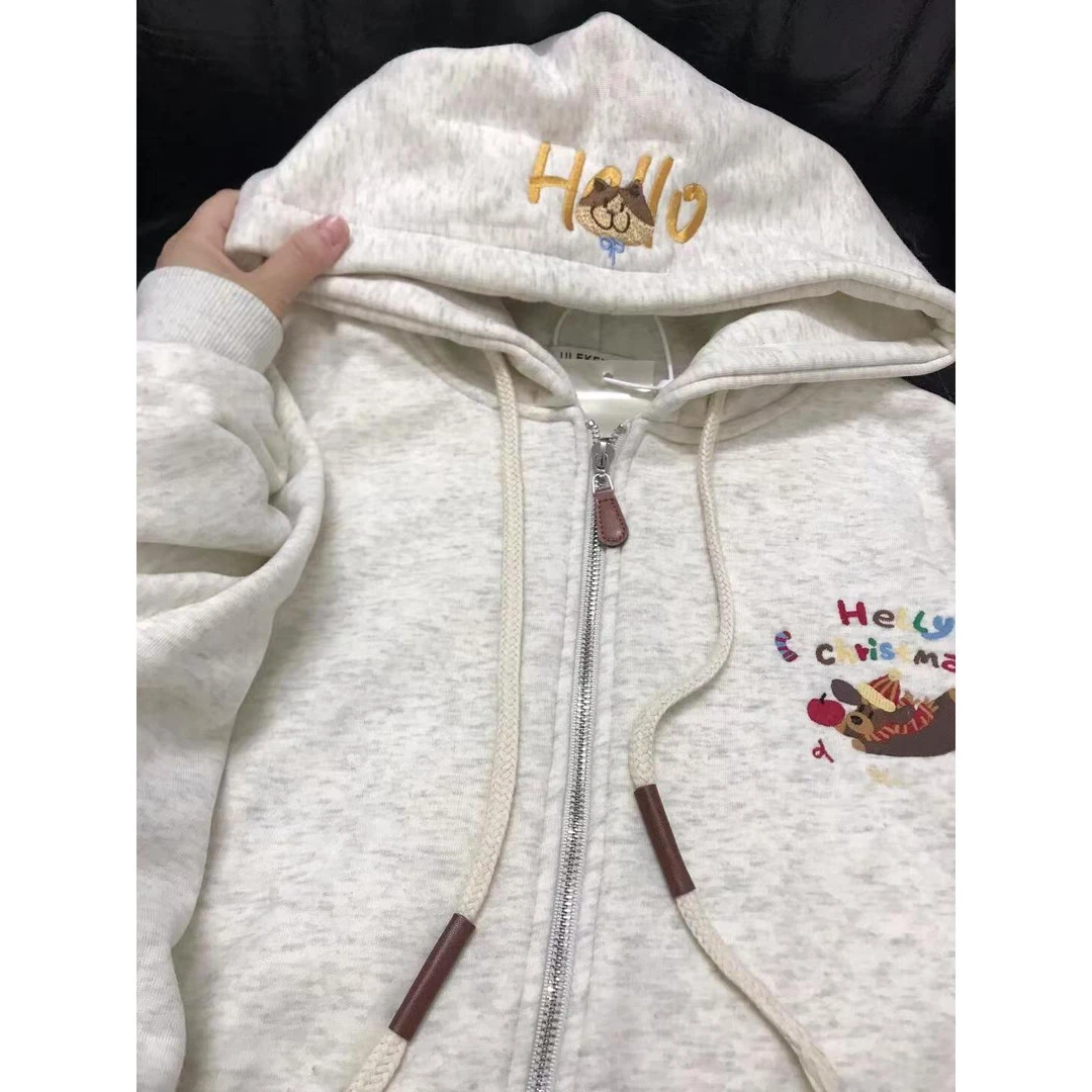 腊肠小狗九宫格刺绣连帽卫衣男女韩系chic慵懒风宽松开衫拉链外套