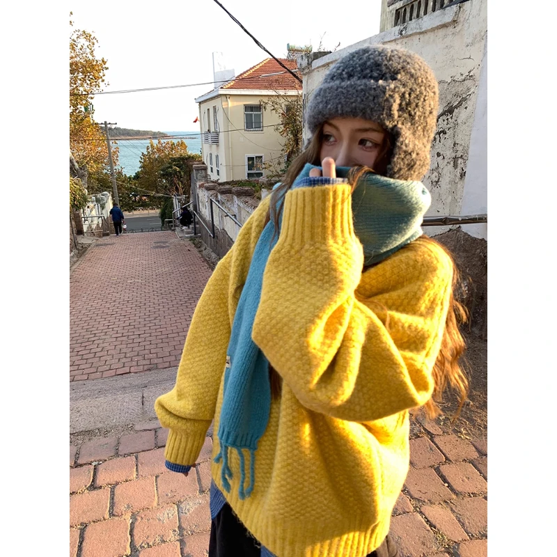 韩系黄色菠萝纹套头毛衣女秋冬多巴胺慵懒宽松内搭针织衫外穿上衣