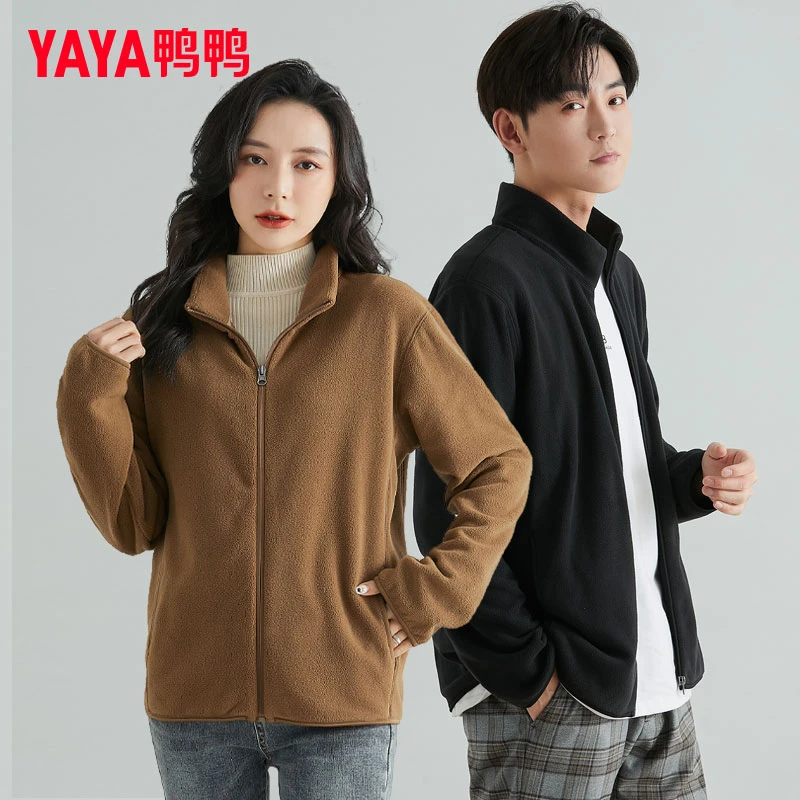 鸭鸭2025年摇粒绒外套女春秋新款抓绒百搭运动黑色上衣抓绒衣开衫