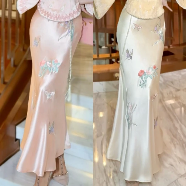 【媛珠 御花春园】重工醋酸鱼尾半裙长款高腰显瘦绣花中国风日常