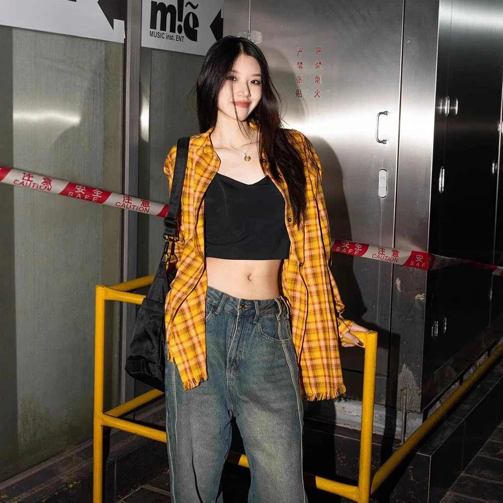 衬衫宽松多巴胺复古新款情侣女外套春季美式上衣黄色休闲格子
