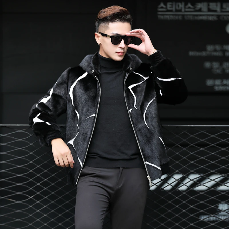 新款貂皮大衣男士整貂短款连帽五星金牌美黑进口水貂皮草外套时尚