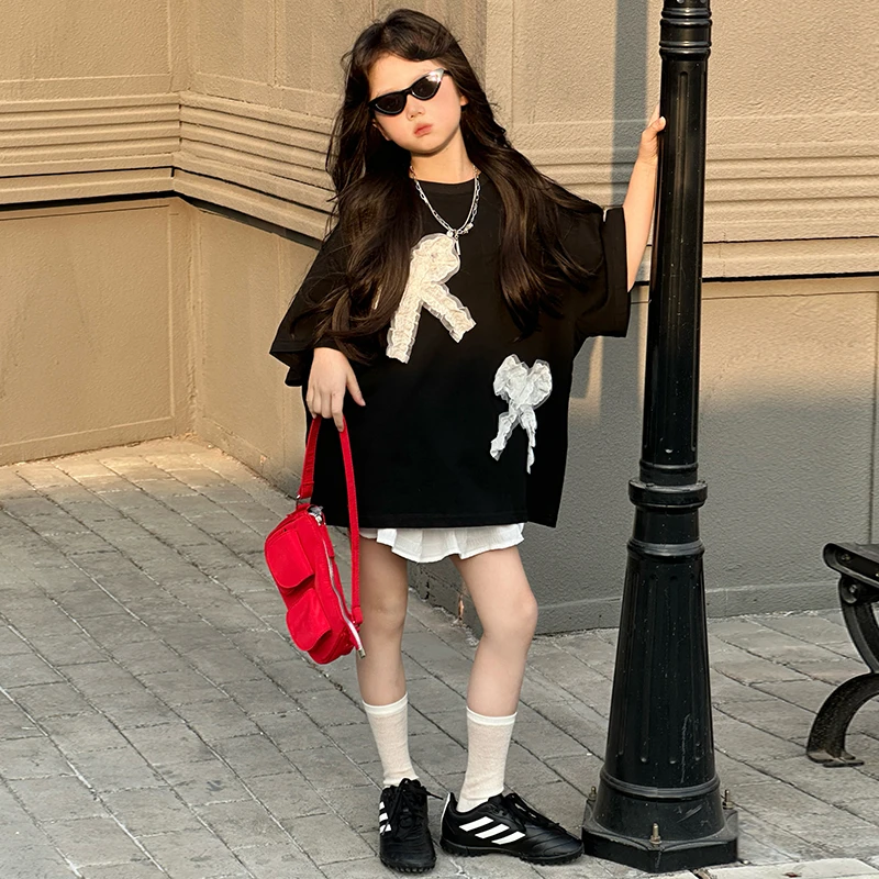 女童t恤春夏款2025新款儿童洋气黑色五分袖上衣女孩夏装潮酷短袖t