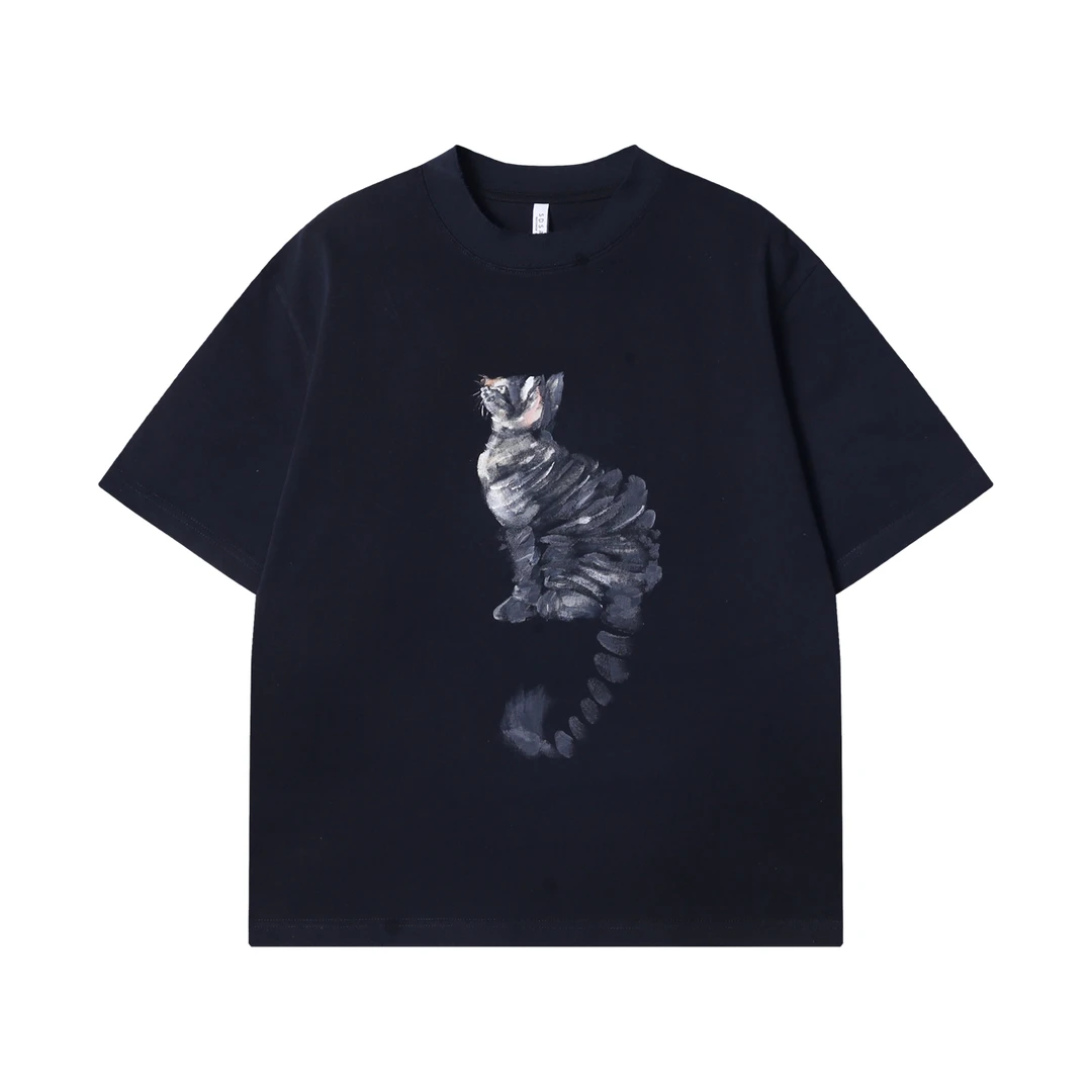 夏季高级感新款潮牌纯色小猫手绘圆领短袖T恤复古情侣宽松上衣