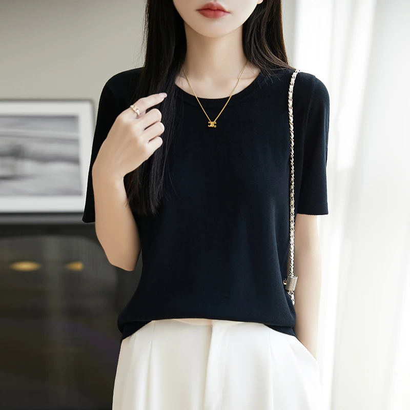 甄选桑蚕丝女士针织短袖T恤夏季 百搭丝光超细羊毛圆领针织半袖女