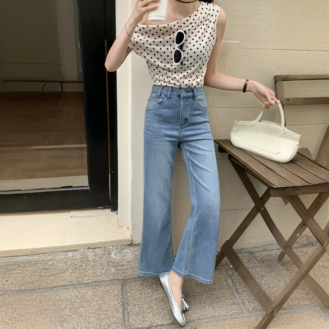 “法国蓝”2025夏季新款老钱风中腰微弹直筒阔腿牛仔裤百搭显瘦长裤