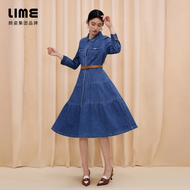 LIME/莱茵春秋长袖商场同款气质牛仔连衣裙舰队蓝色LMFC6BDOP001