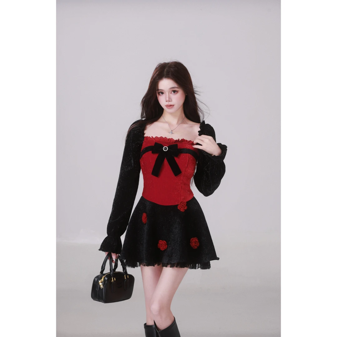 青青-WAHJU【黑色玫瑰】过年氛围感穿搭精致重工丝绒连衣裙9079W