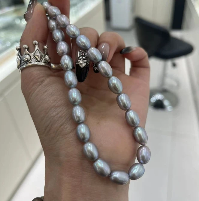 链子925银 灰色米粒珠项链 流行长款毛衣链